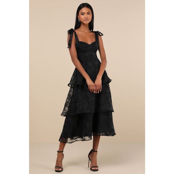 NWT Lulus Glamorous Sweetie Black Burnout Tie-Strap Bustier Midi Dress Formal L - Picture 1 of 9